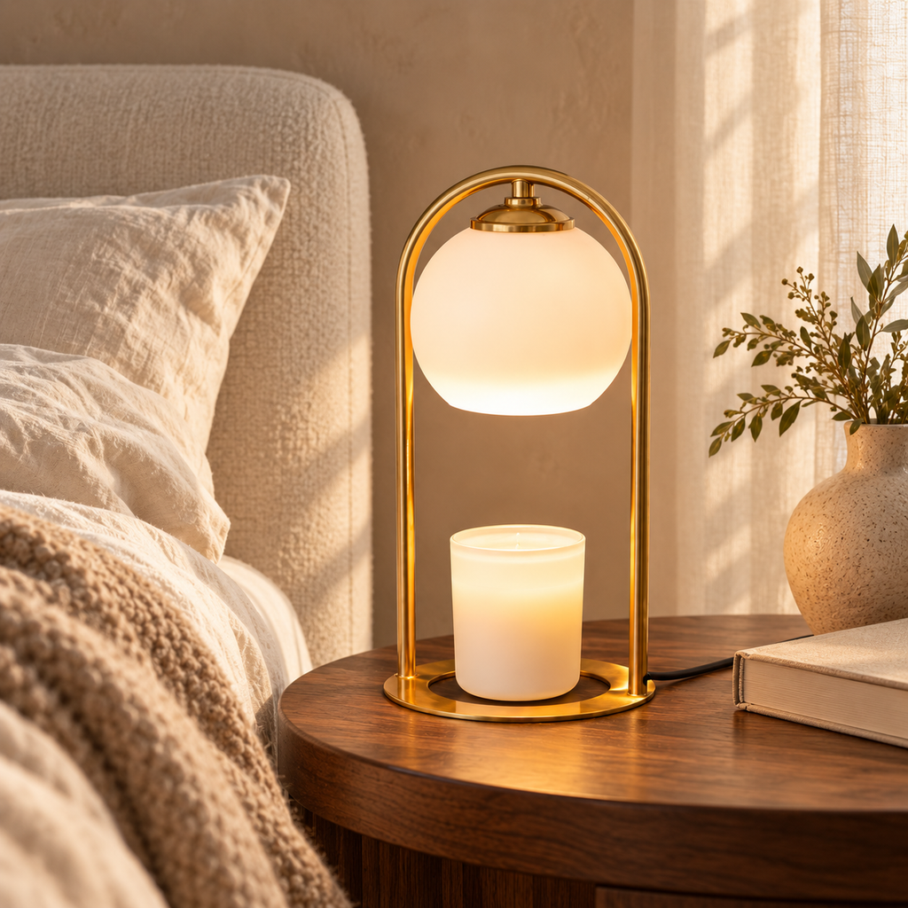 Aura candle warmer — cozy bedroom styling inspiration